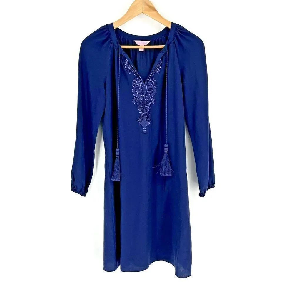 Lilly Pulitzer Tunic Dress Size XS Womens Navy Silk Roslyn Embroidered Beaded